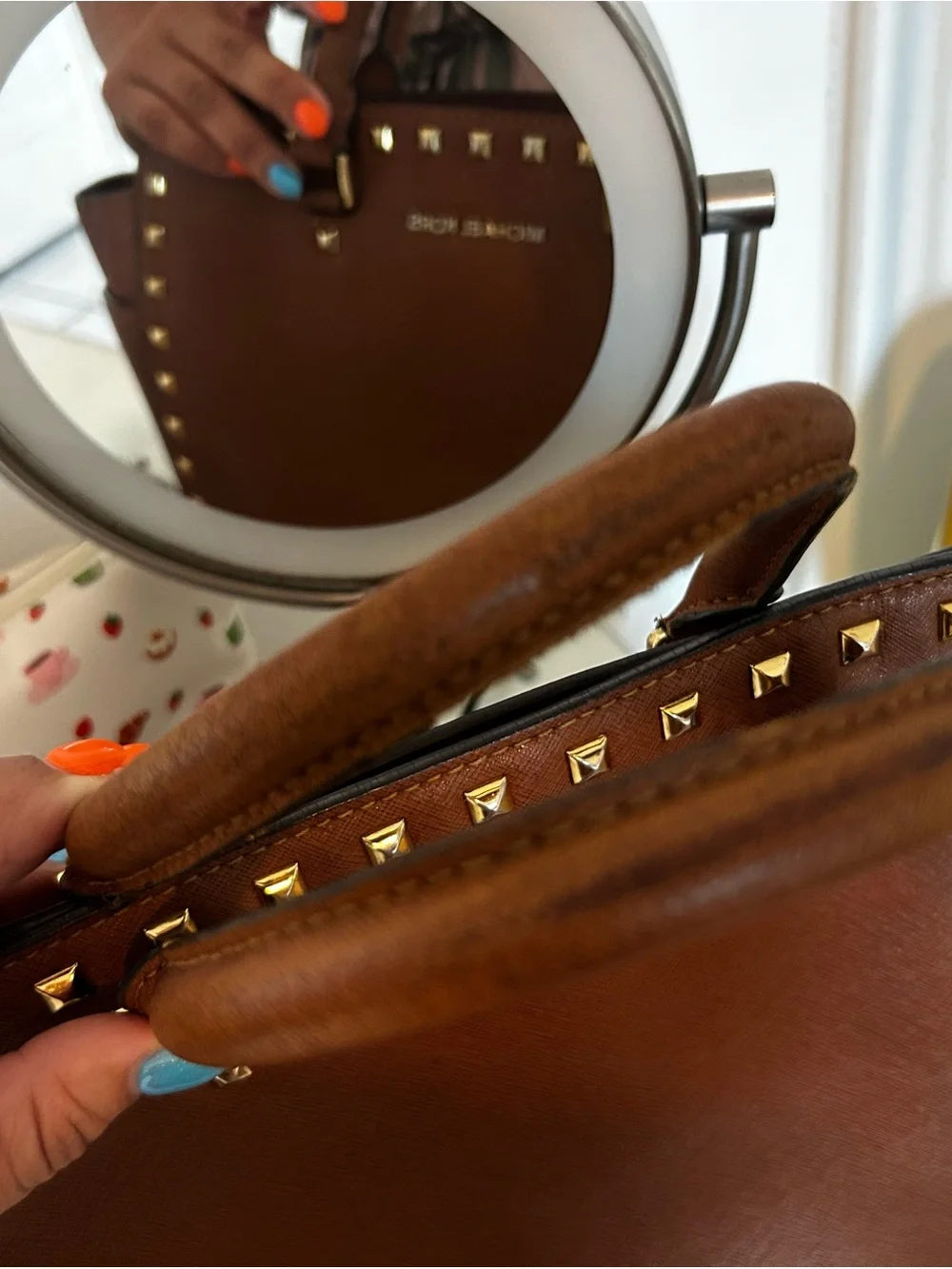MICHAEL KORS Chestnut Brown Leather Satchel with Gold Studs